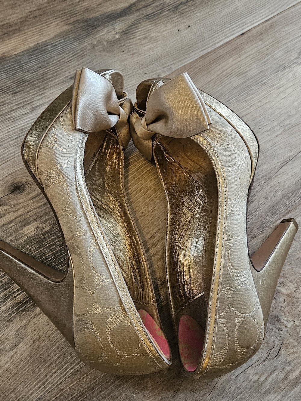Coach Gold Satin Bow Peep-Toe Pumps